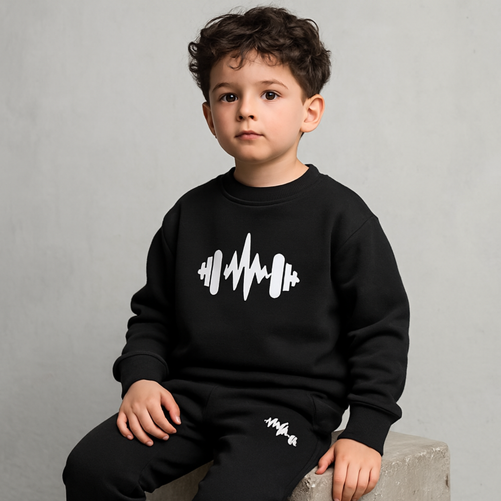 Black Cross Printed Fleece Winter Kids Tracksuit | Sweatshirt & Trousers Set for Boys & Girls – Warm & Cozy Outfit