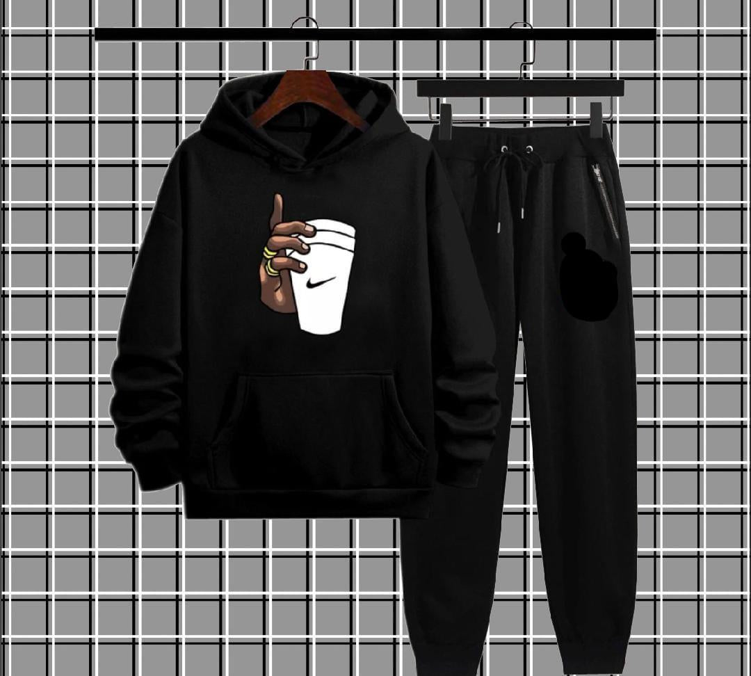 Men's Fleece Hoodie Track Suit - 2 Pcs in Black with Graphic Sublimation
