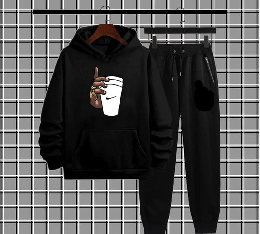 Men's Fleece Hoodie Track Suit - 2 Pcs in Black with Graphic Sublimation