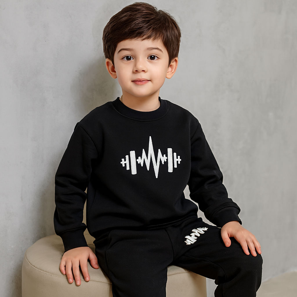 Black Cross Printed Fleece Winter Kids Tracksuit | Sweatshirt & Trousers Set for Boys & Girls – Warm & Cozy Outfit