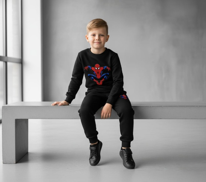 Kids Spider-Man Printed Black & Black Tracksuit Set | Winter Fleece Sweatshirt & Trouser Outfit for Boys & Girls – Warm & Trendy