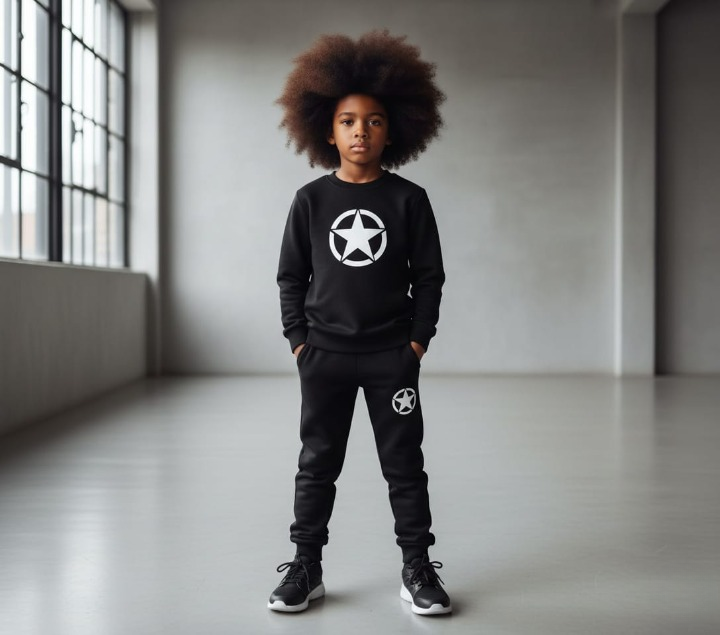 Kids Star Printed Black & Black Tracksuit Set | Winter Fleece Sweatshirt & Trouser Outfit for Boys & Girls – Warm & Trendy