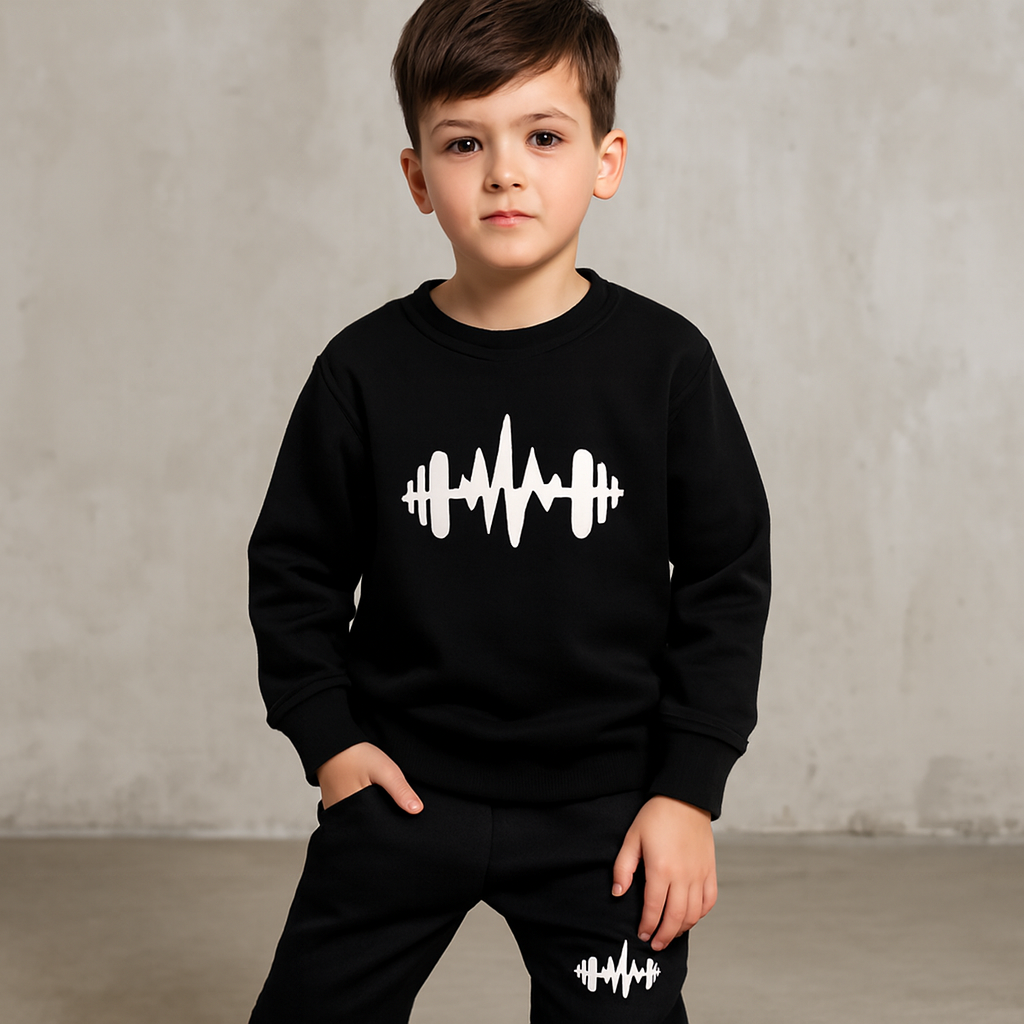 Black Cross Printed Fleece Winter Kids Tracksuit | Sweatshirt & Trousers Set for Boys & Girls – Warm & Cozy Outfit
