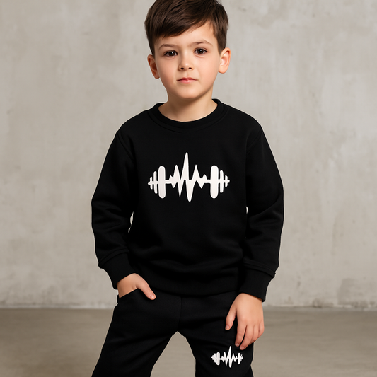 Black Cross Printed Fleece Winter Kids Tracksuit | Sweatshirt & Trousers Set for Boys & Girls – Warm & Cozy Outfit