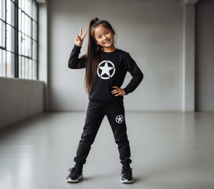 Kids Star Printed Black & Black Tracksuit Set | Winter Fleece Sweatshirt & Trouser Outfit for Boys & Girls – Warm & Trendy