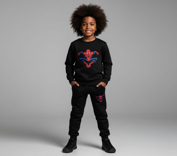Kids Spider-Man Printed Black & Black Tracksuit Set | Winter Fleece Sweatshirt & Trouser Outfit for Boys & Girls – Warm & Trendy