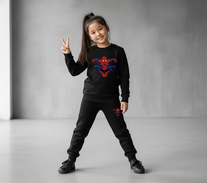 Kids Spider-Man Printed Black & Black Tracksuit Set | Winter Fleece Sweatshirt & Trouser Outfit for Boys & Girls – Warm & Trendy