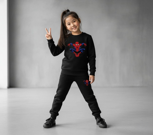 Kids Spider-Man Printed Black & Black Tracksuit Set | Winter Fleece Sweatshirt & Trouser Outfit for Boys & Girls – Warm & Trendy