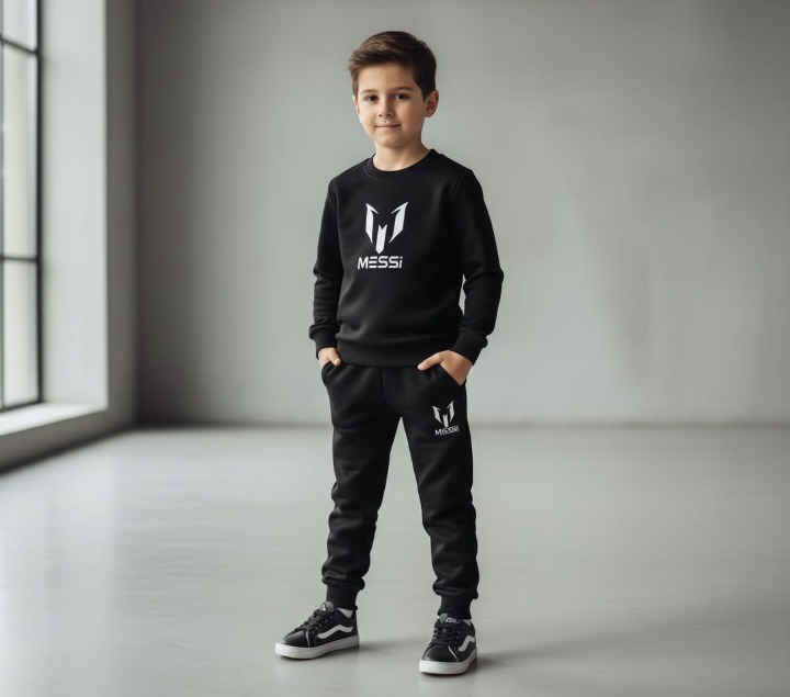 Kids Missi Printed Black & Black Tracksuit Set | Winter Fleece Sweatshirt & Trouser Outfit for Boys & Girls – Warm, Cozy & Stylish